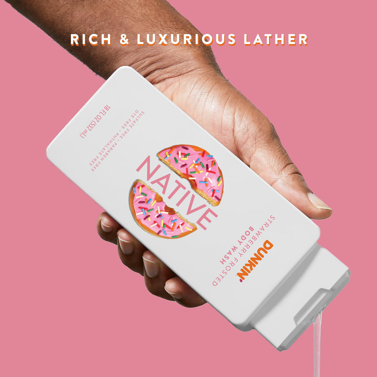 Native Dunkin Strawberry Frosted foam close-up showing creamy lather and moisturizing feel