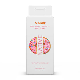 Native Dunkin Strawberry Frosted front bottle view showing playful label and size benefit