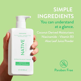 Native bottle placed on bathroom vanity suggesting daily routine simplicity