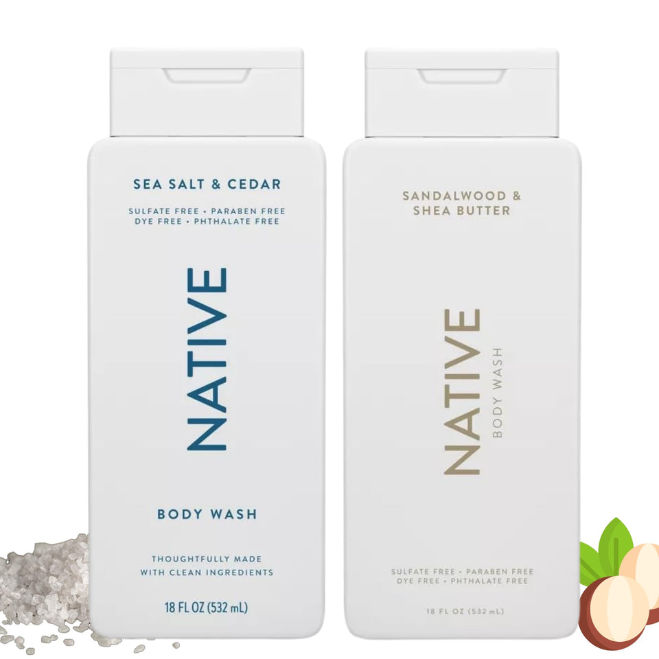 Native front packaging showing both 18oz bottles and clear scent labels benefiting selection
