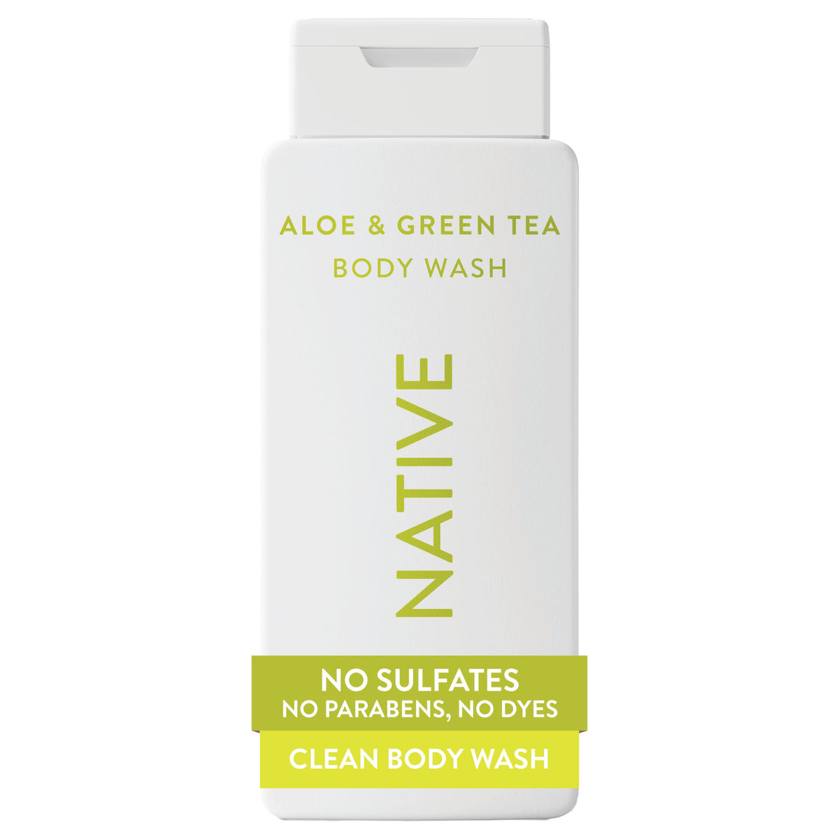 Native front packaging showing 18 oz bottle and calming aloe-green tea scent benefit