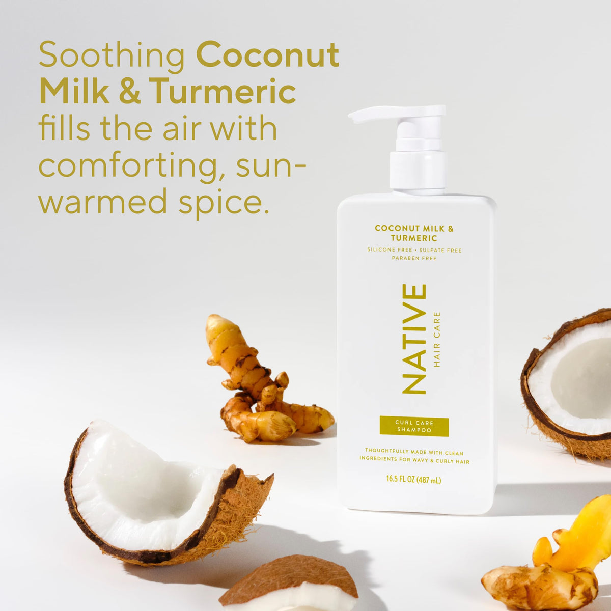 Native flatlay with coconut and turmeric ingredients depicting natural scent and nourishment