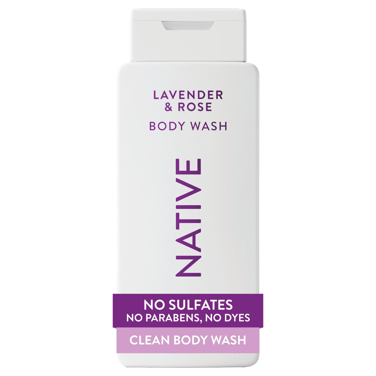 Native front packaging showing 18 oz bottle and Lavender & Rose scent benefits