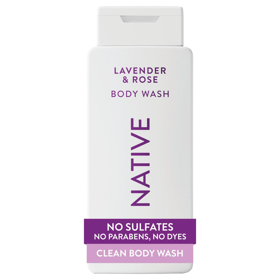 Native front packaging showing 18 oz bottle and Lavender & Rose scent benefits