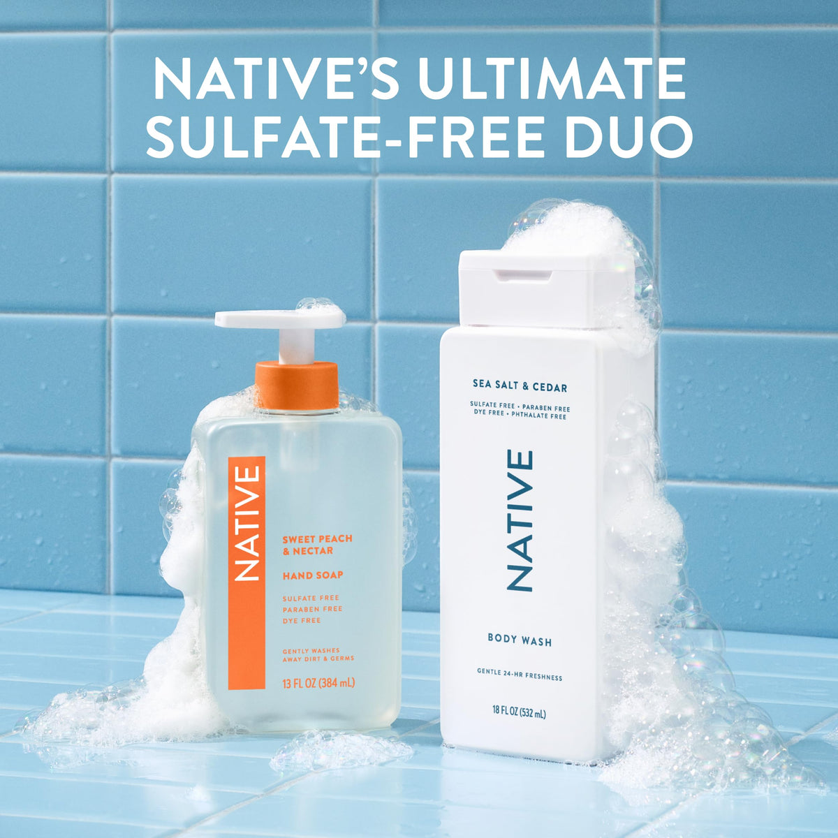 Native bottle on bathroom shelf showing spa-like scent and aesthetic