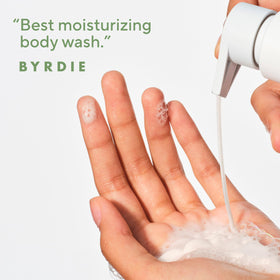Native pump detail ready to dispense non-greasy moisturizing bodywash