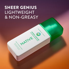 Native sunscreen applied to face illustrating sheer, non-greasy finish