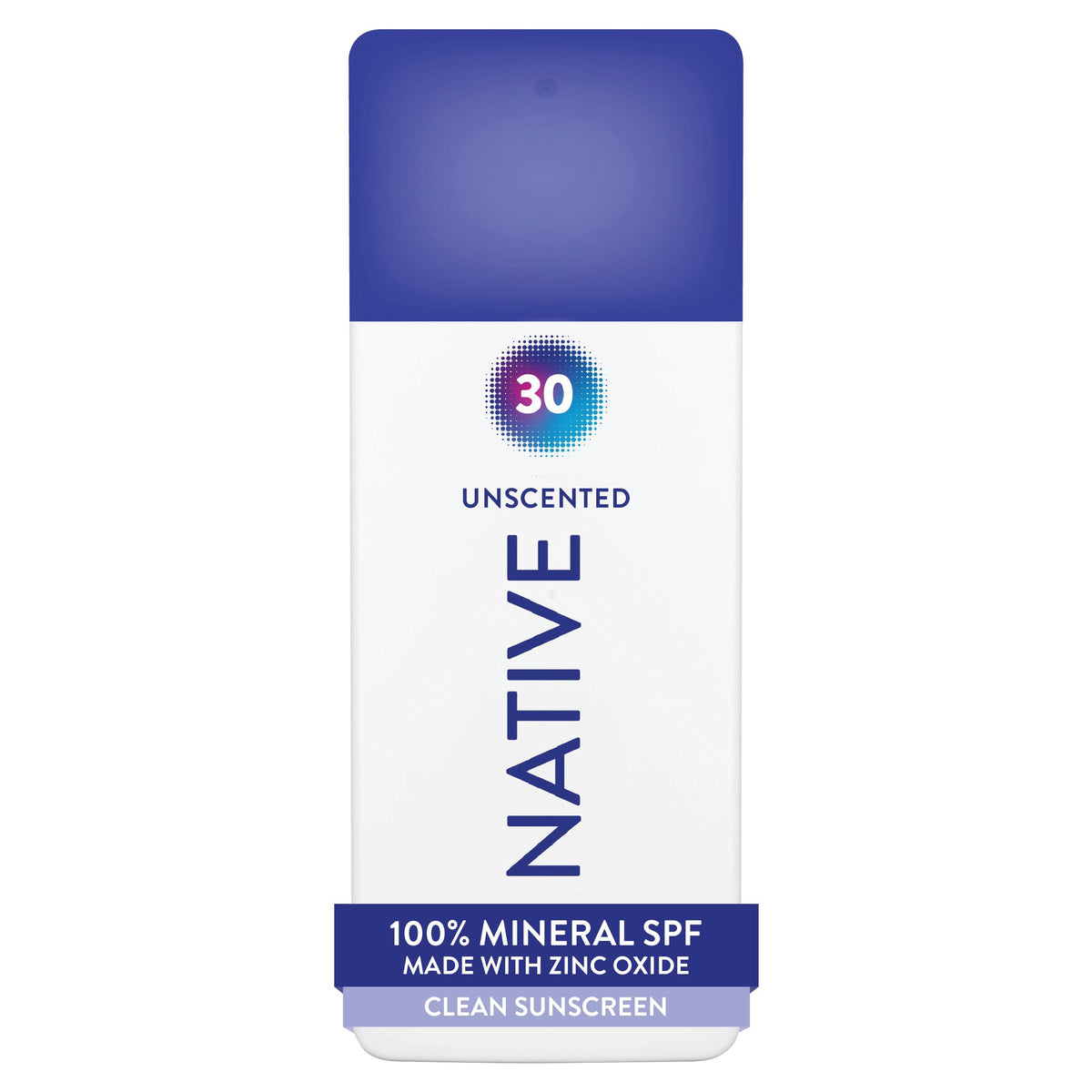 Native front packaging showing SPF 30 unscented mineral sunscreen for quick use