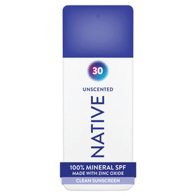 Native front packaging showing SPF 30 unscented mineral sunscreen for quick use