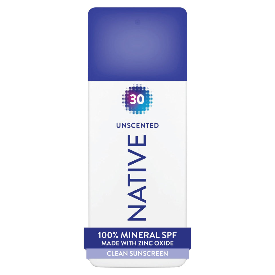 Native front packaging showing SPF 30 unscented mineral sunscreen for quick use