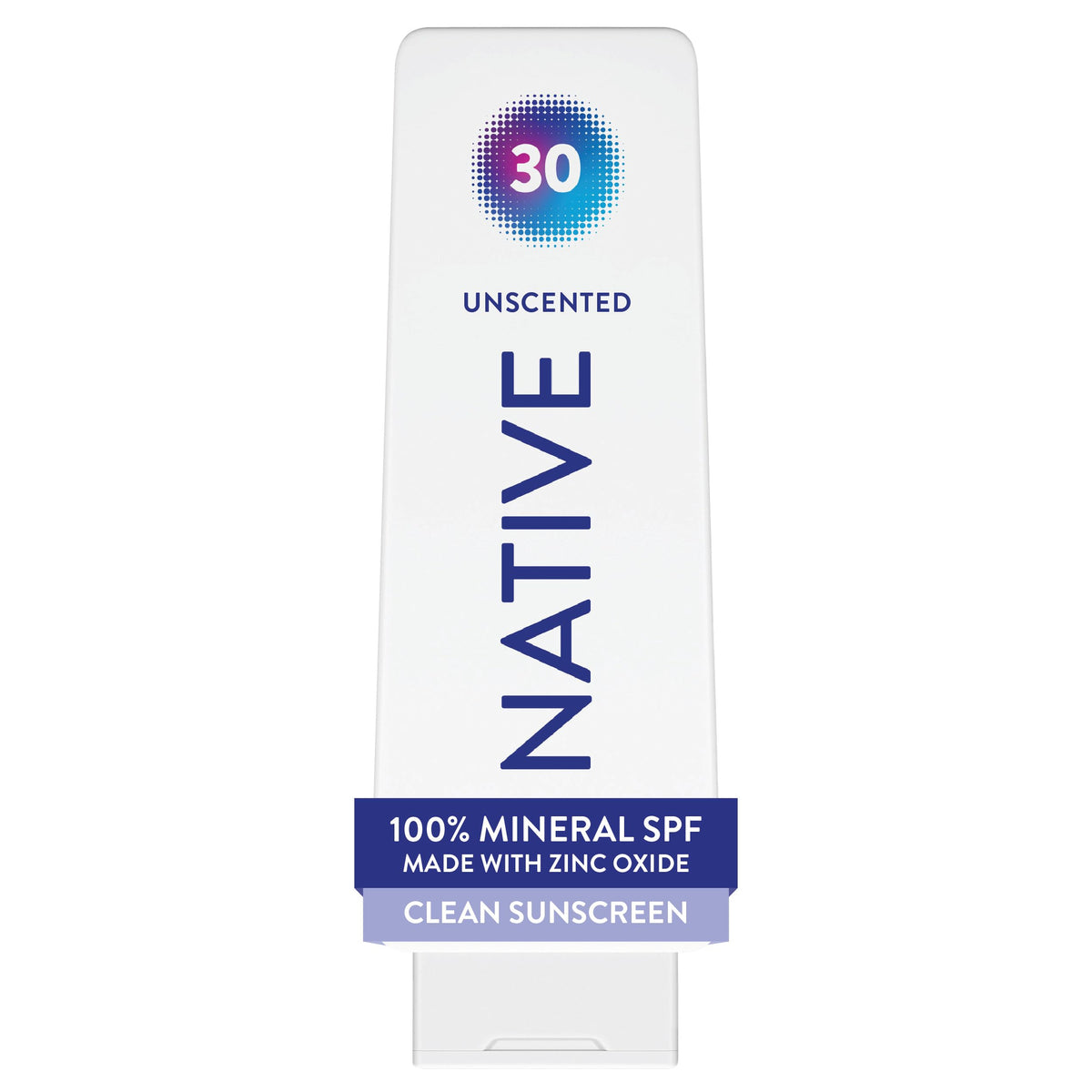 Native bottle front packaging showing SPF 30 and unscented benefit