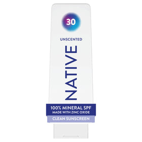 Native bottle front packaging showing SPF 30 and unscented benefit