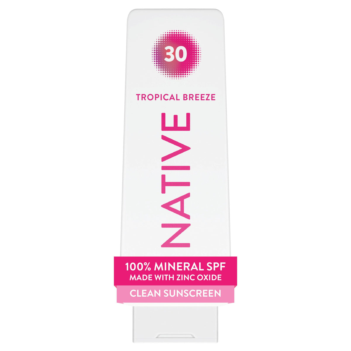 Native front packaging showing SPF 30 and tropical scent, clear product identity and benefit