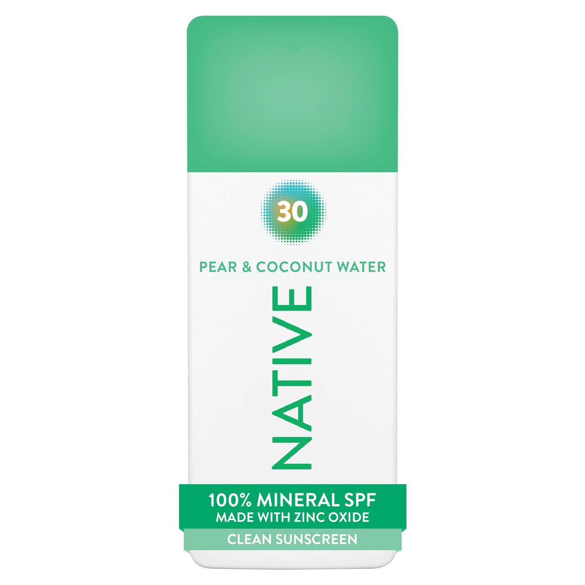 Native sunscreen front packaging showing SPF 30 and scent benefits