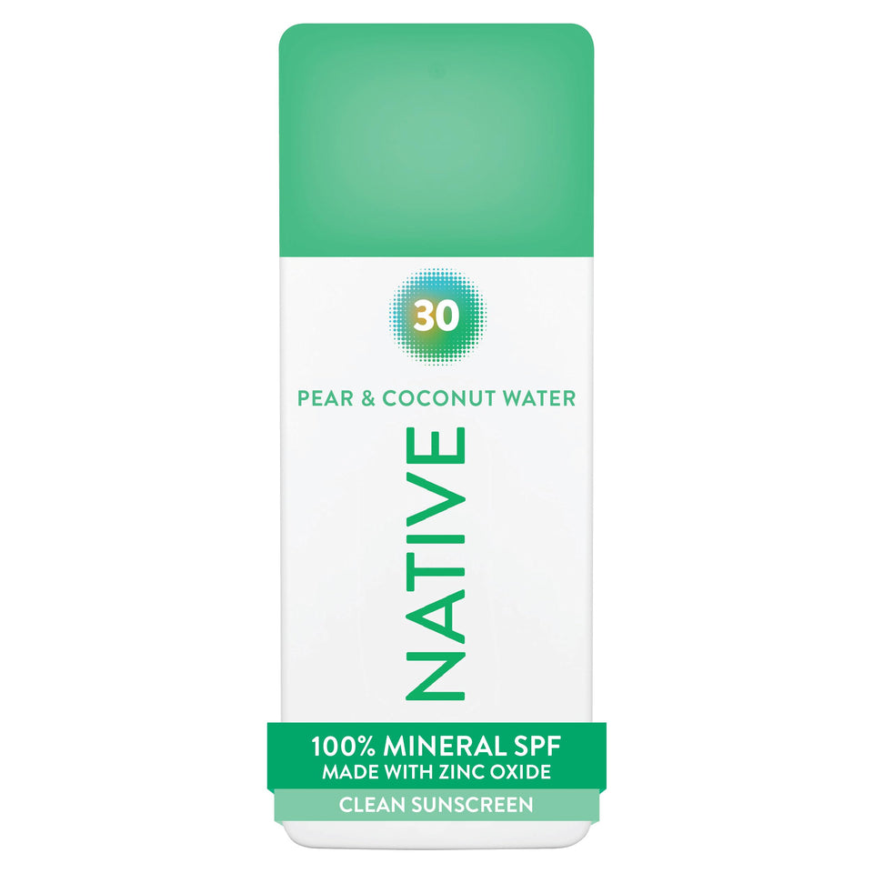 Native sunscreen front packaging showing SPF 30 and scent benefits