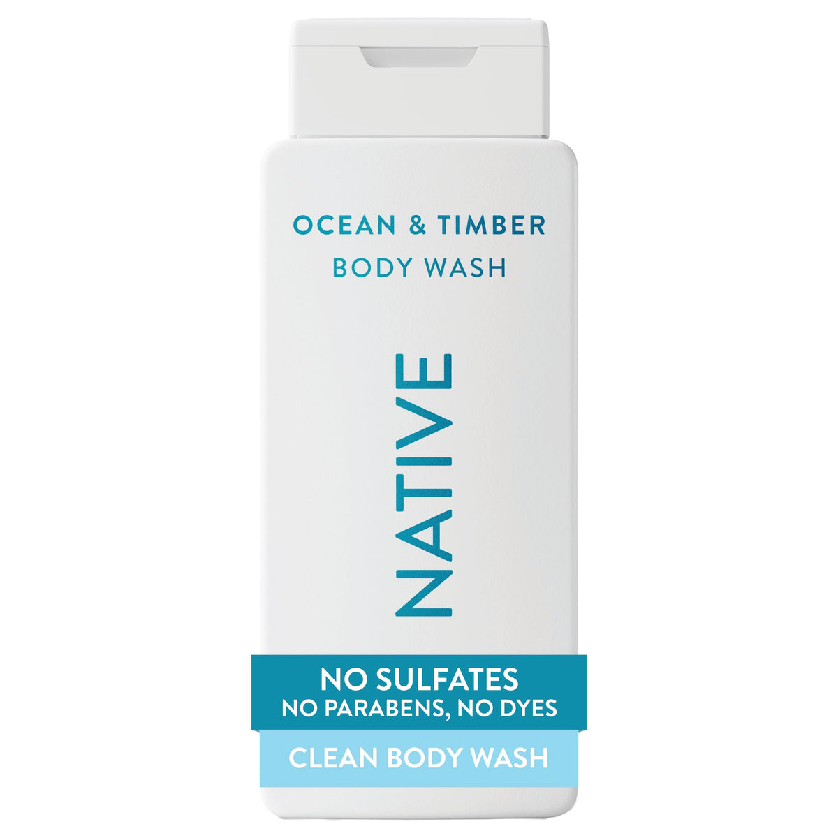 Native front packaging showing 18 oz bottle and Ocean & Timber scent benefit gentle clean