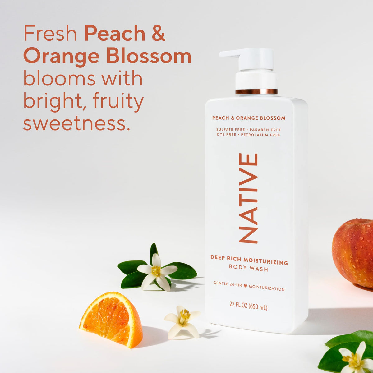 Bathroom shelf styled with Native bottle for a fresh orchard-scented routine
