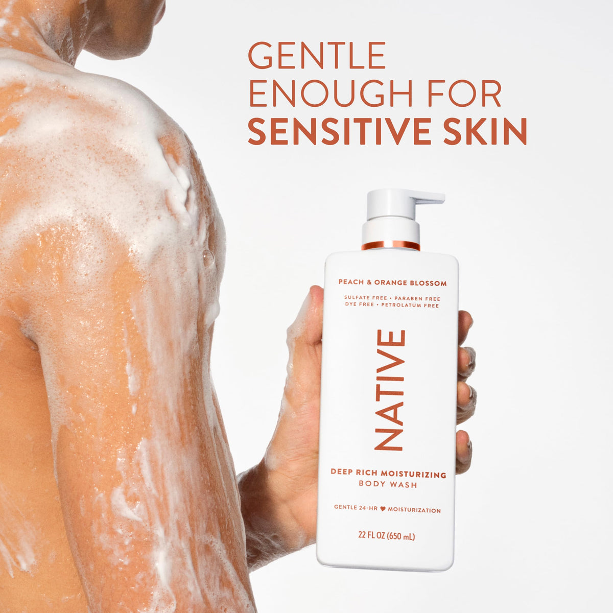 Person using Native in shower illustrating gentle cleanse and silky skin