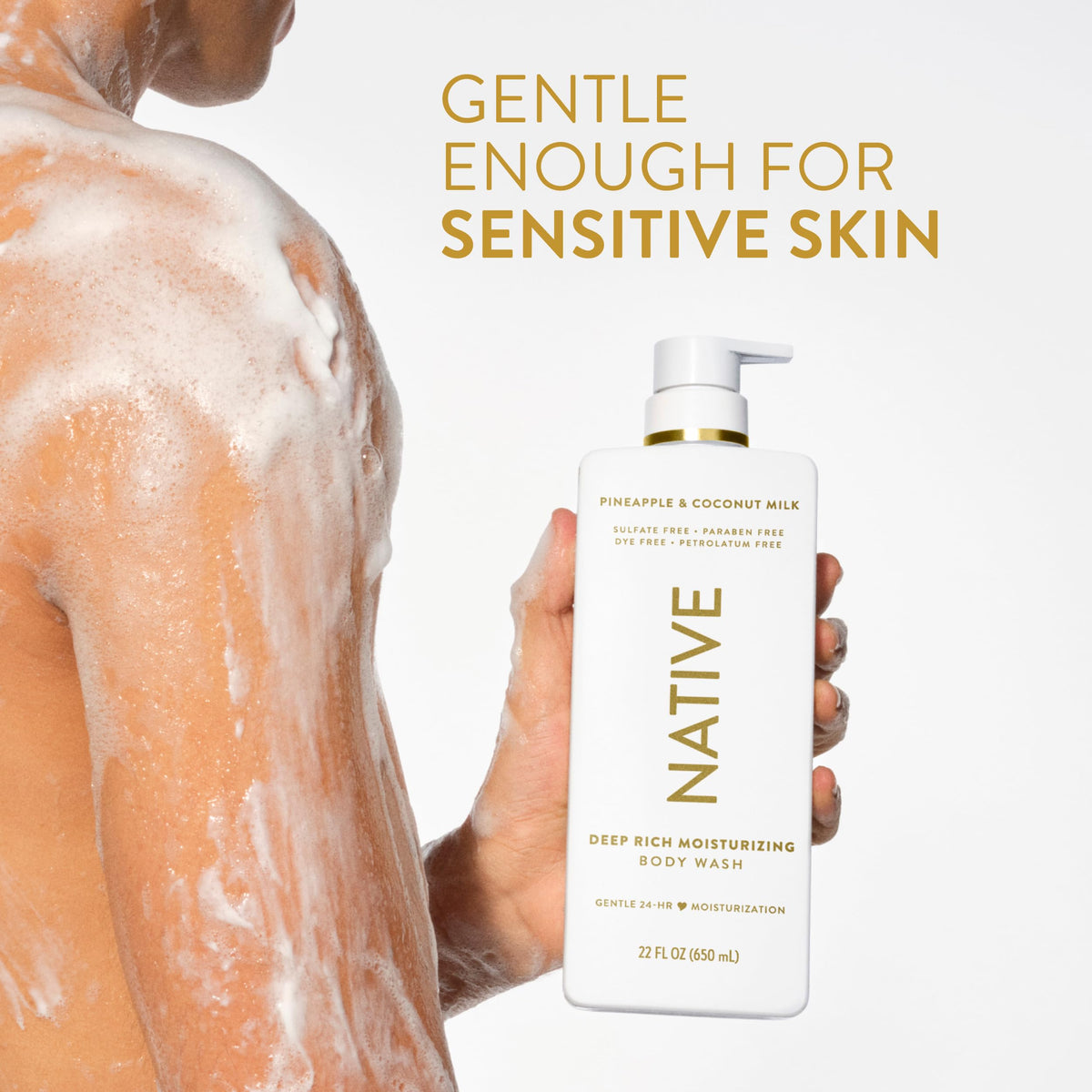 Native pouring body wash into a palm to show lightweight absorption