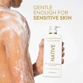 Native pouring body wash into a palm to show lightweight absorption