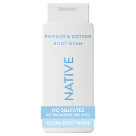 Native bottle front view showing Powder & Cotton scent and clean design benefits