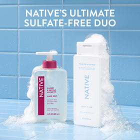 Native bottle styled on bathroom shelf conveying clean aesthetics and calm scent