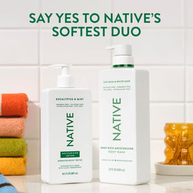 Native drops of lotion on towel indicating absorbency and non-greasy finish
