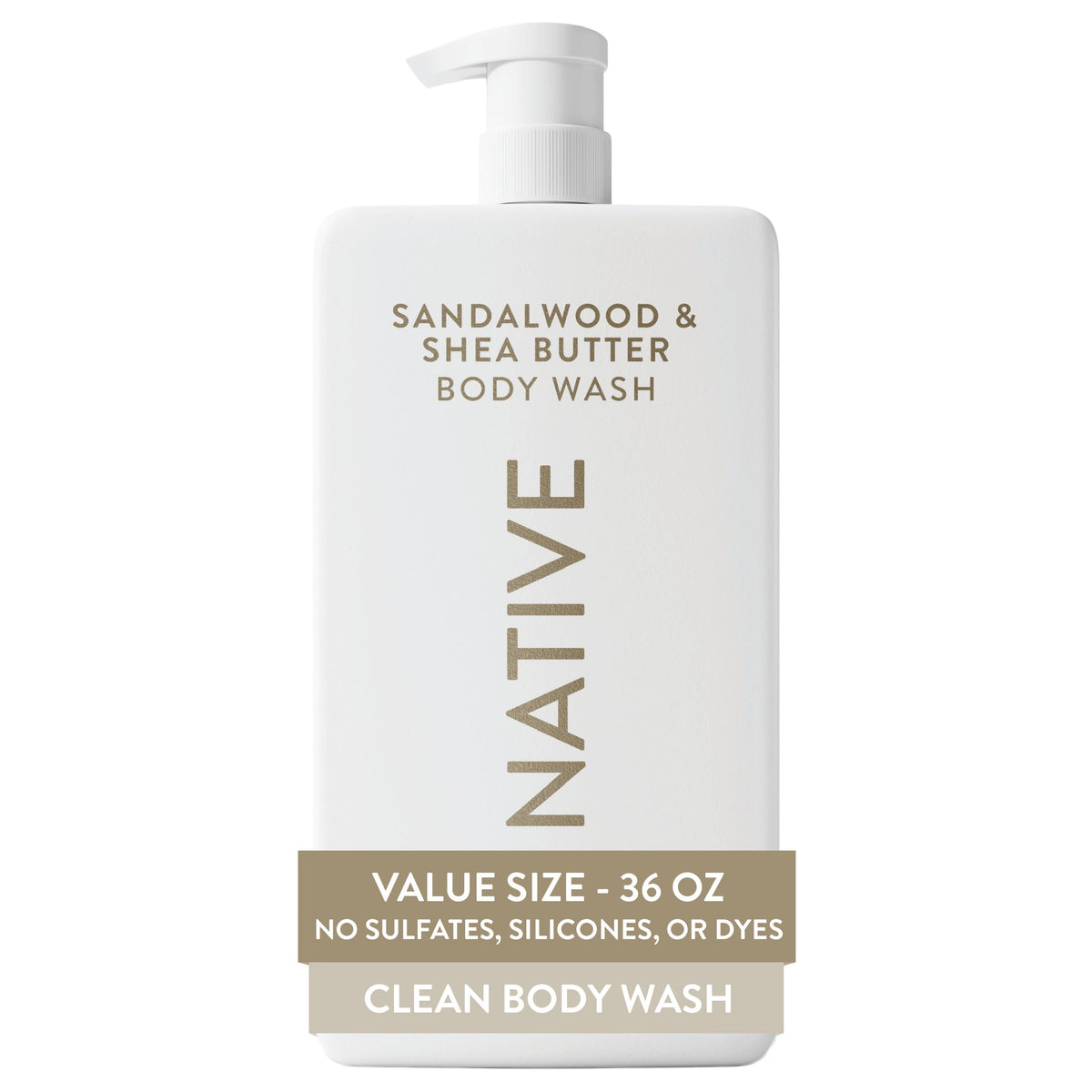 Native 36 oz front bottle view showing sandalwood shea scent and pump benefit