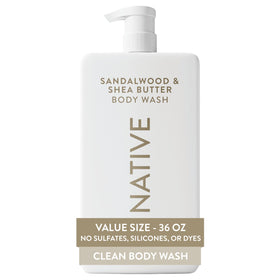 Native 36 oz front bottle view showing sandalwood shea scent and pump benefit