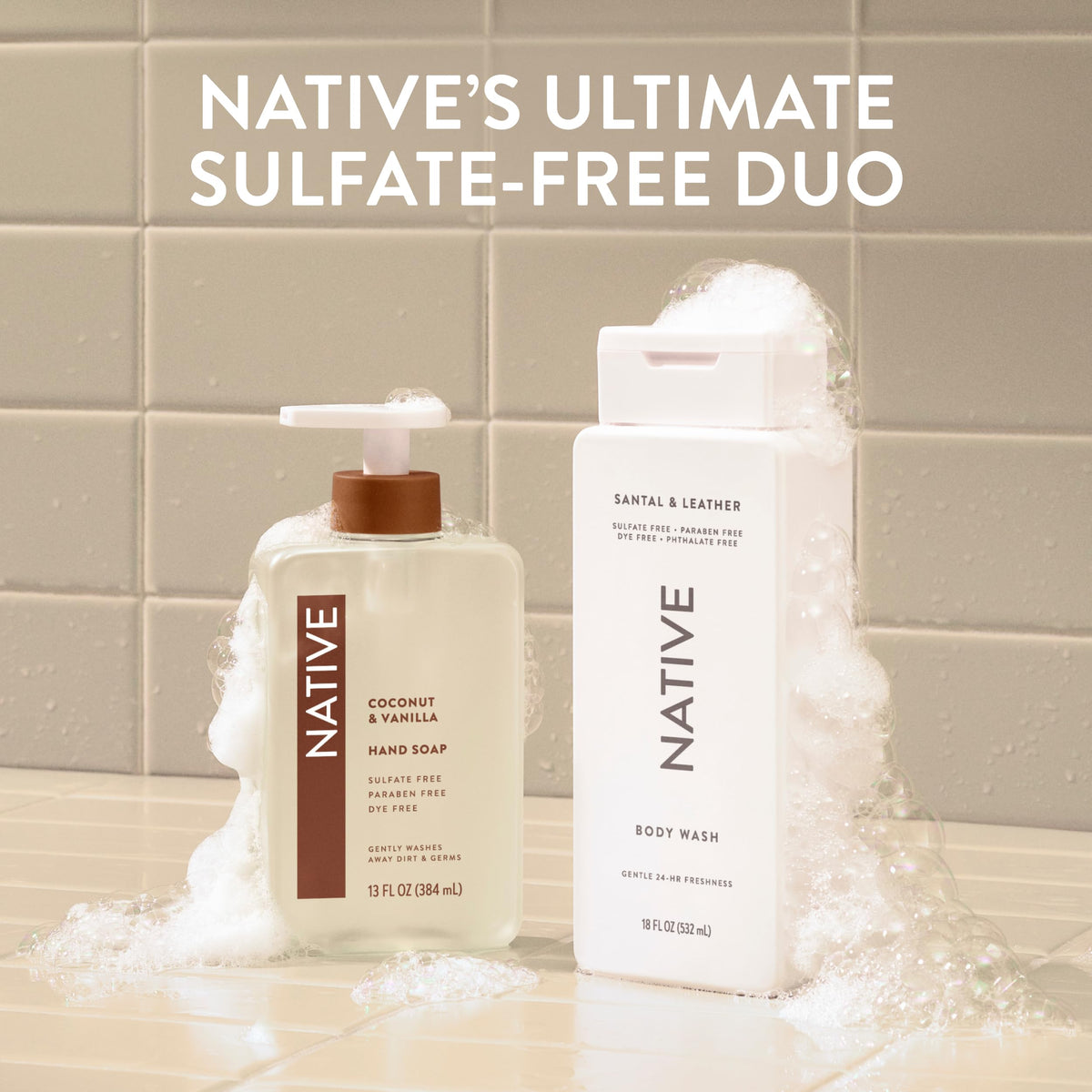 Pouring Native into bath creating bubbles for a relaxing, skin-friendly soak
