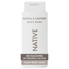 Native bottle front view showing Santal & Leather label and elegant packaging benefits