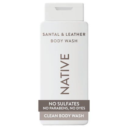 Native bottle front view showing Santal & Leather label and elegant packaging benefits