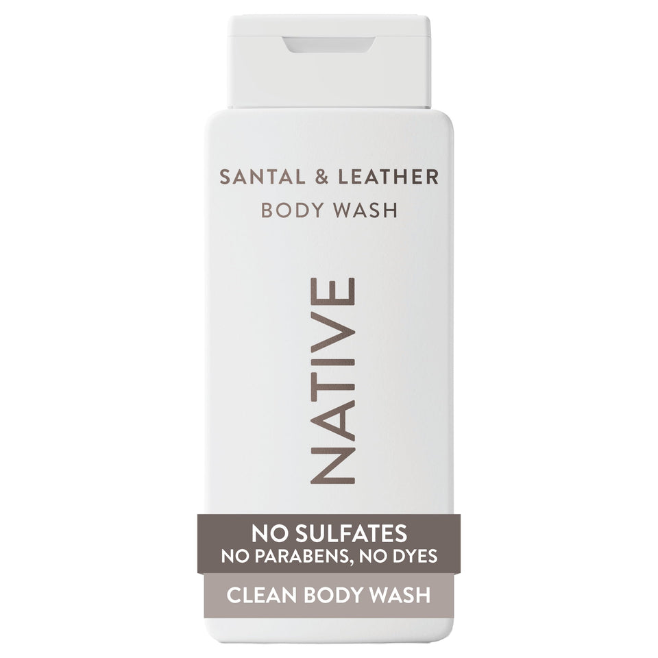 Native bottle front view showing Santal & Leather label and elegant packaging benefits