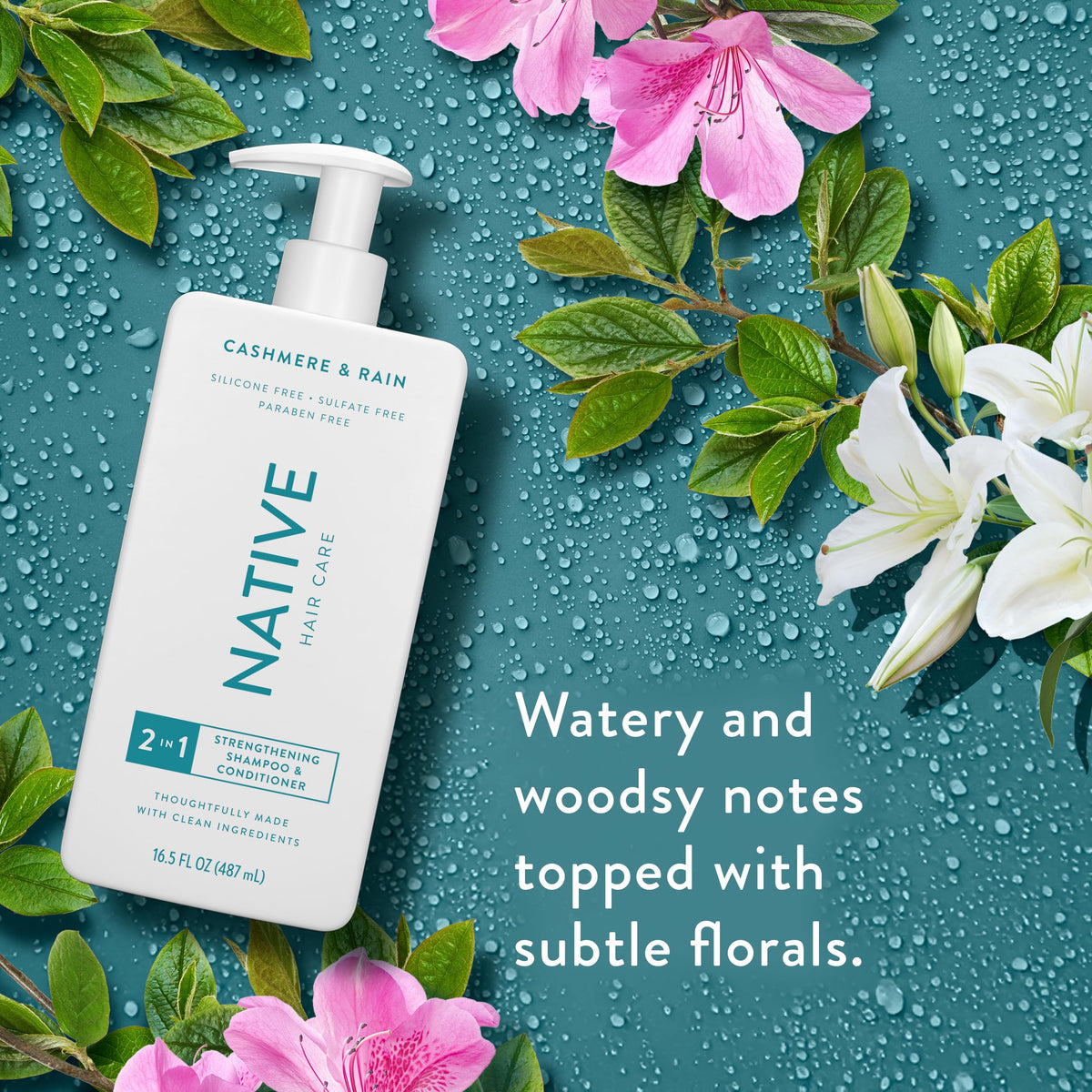 Native Cashmere & Rain scent elements with flowers and water evoking fresh aroma