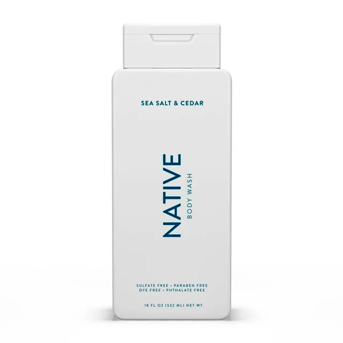 Native bottle front packaging showing Sea Salt & Cedar scent and benefits