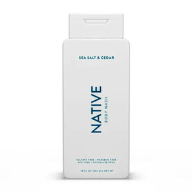 Native bottle front packaging showing Sea Salt & Cedar scent and benefits