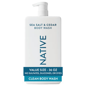 Native front pump bottle showing sea salt cedar scent and easy dispensing benefit