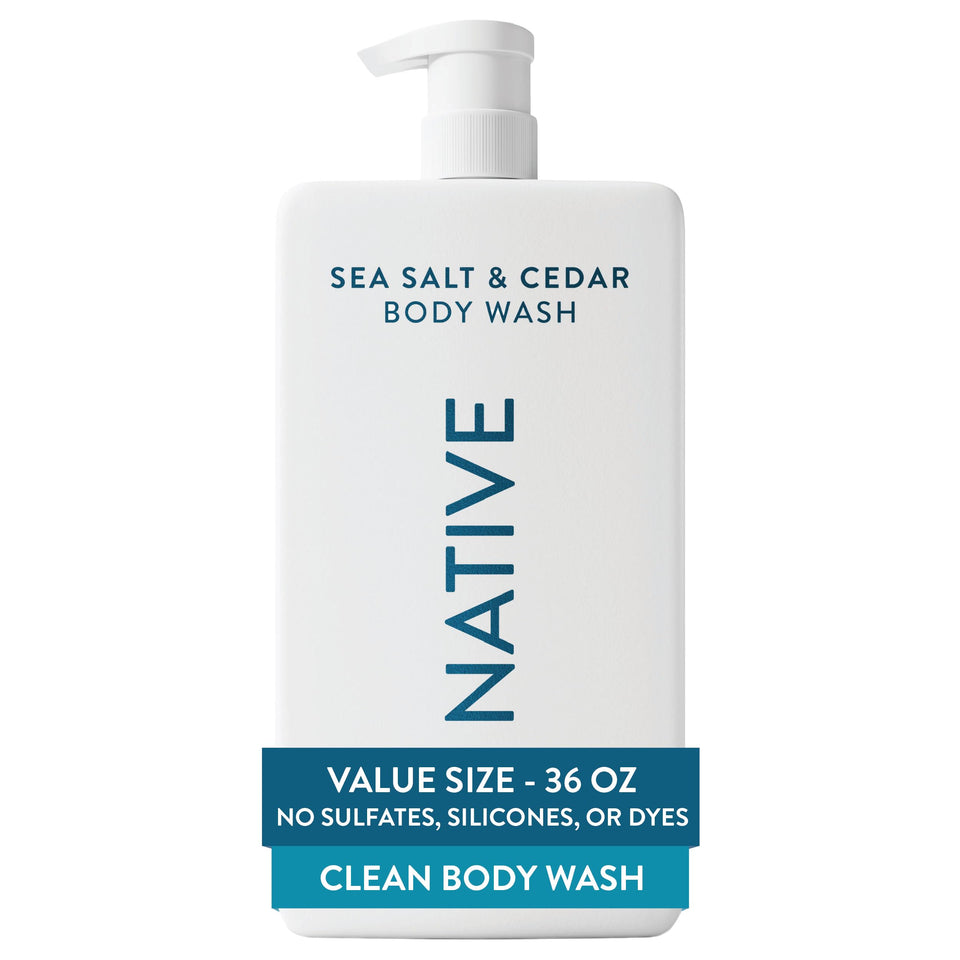 Native front pump bottle showing sea salt cedar scent and easy dispensing benefit