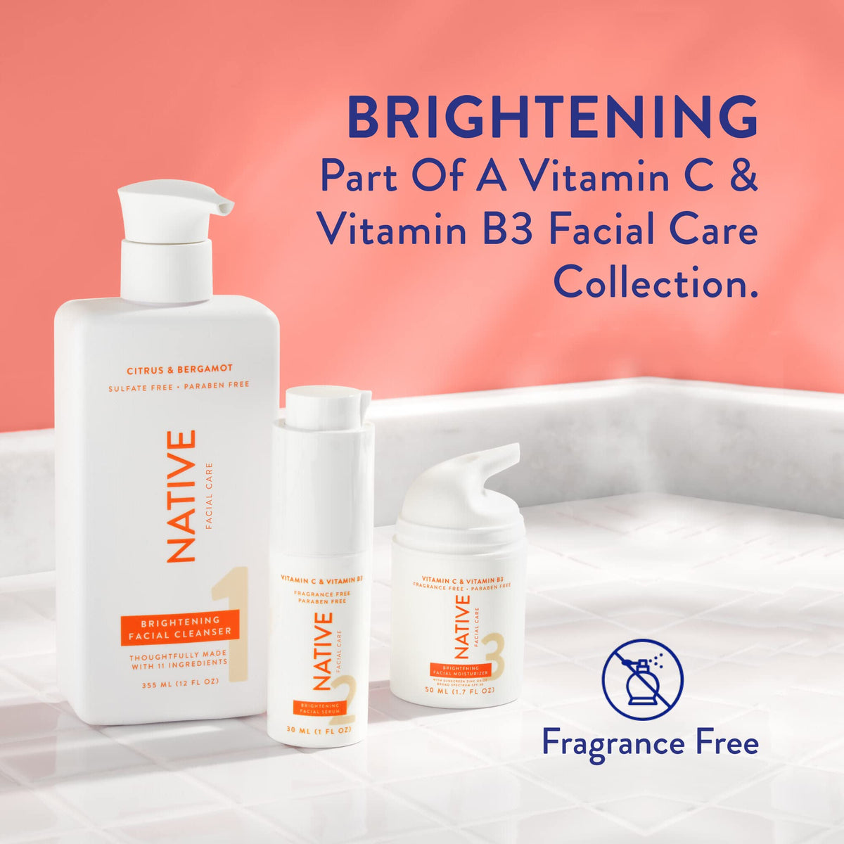 Native serum on bathroom shelf as part of a simple skincare routine