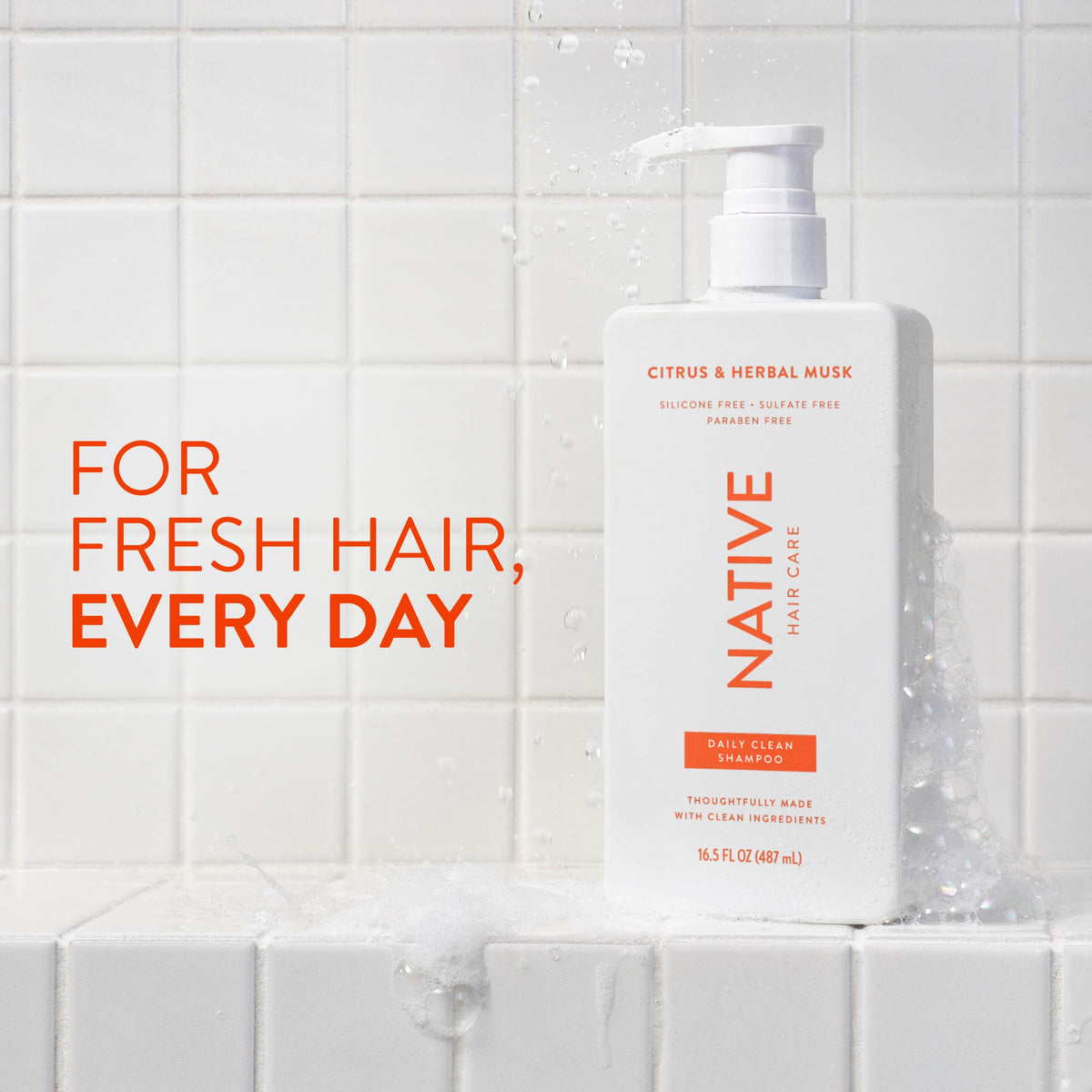 Native shampoo bottle closeup highlighting label and easy-pour cap benefit