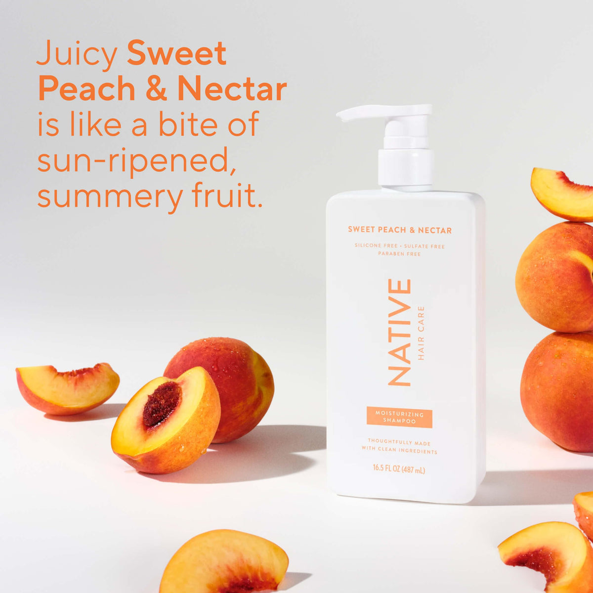 Native imagery of peaches and blossoms conveying fragrance benefit