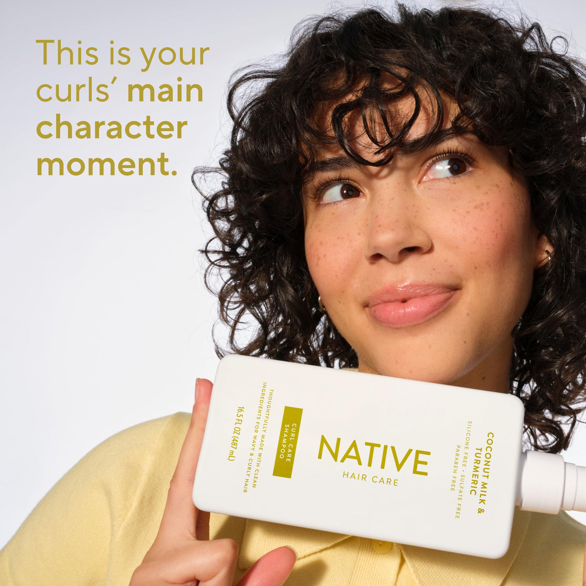 Native shampoo pouring onto palm to illustrate easy application and lightweight feel