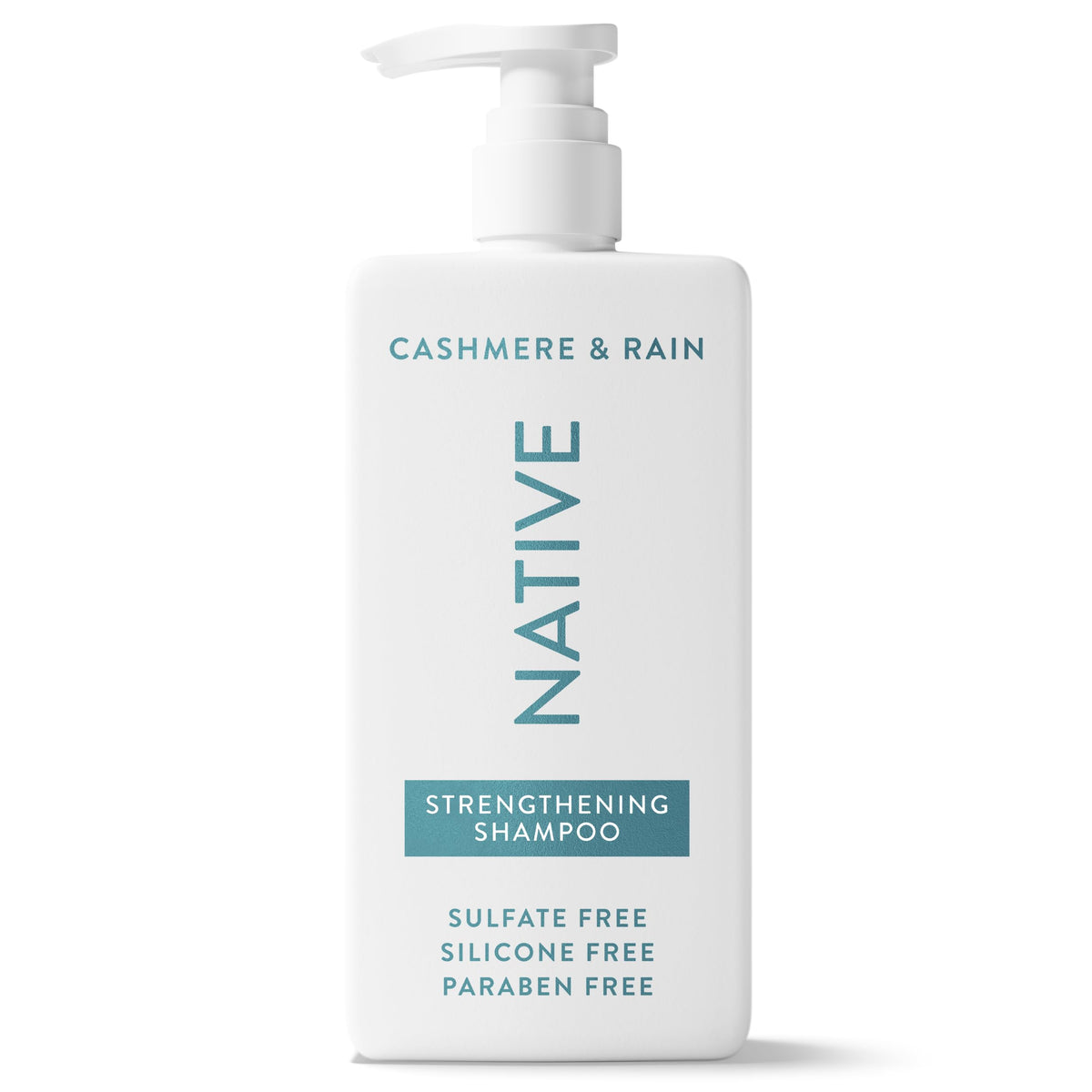 Native strengthening shampoo back label with ingredients and usage benefits