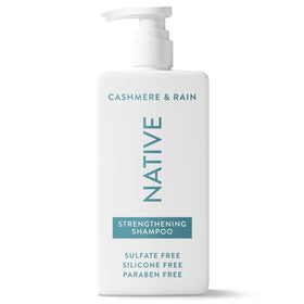 Native strengthening shampoo back label with ingredients and usage benefits