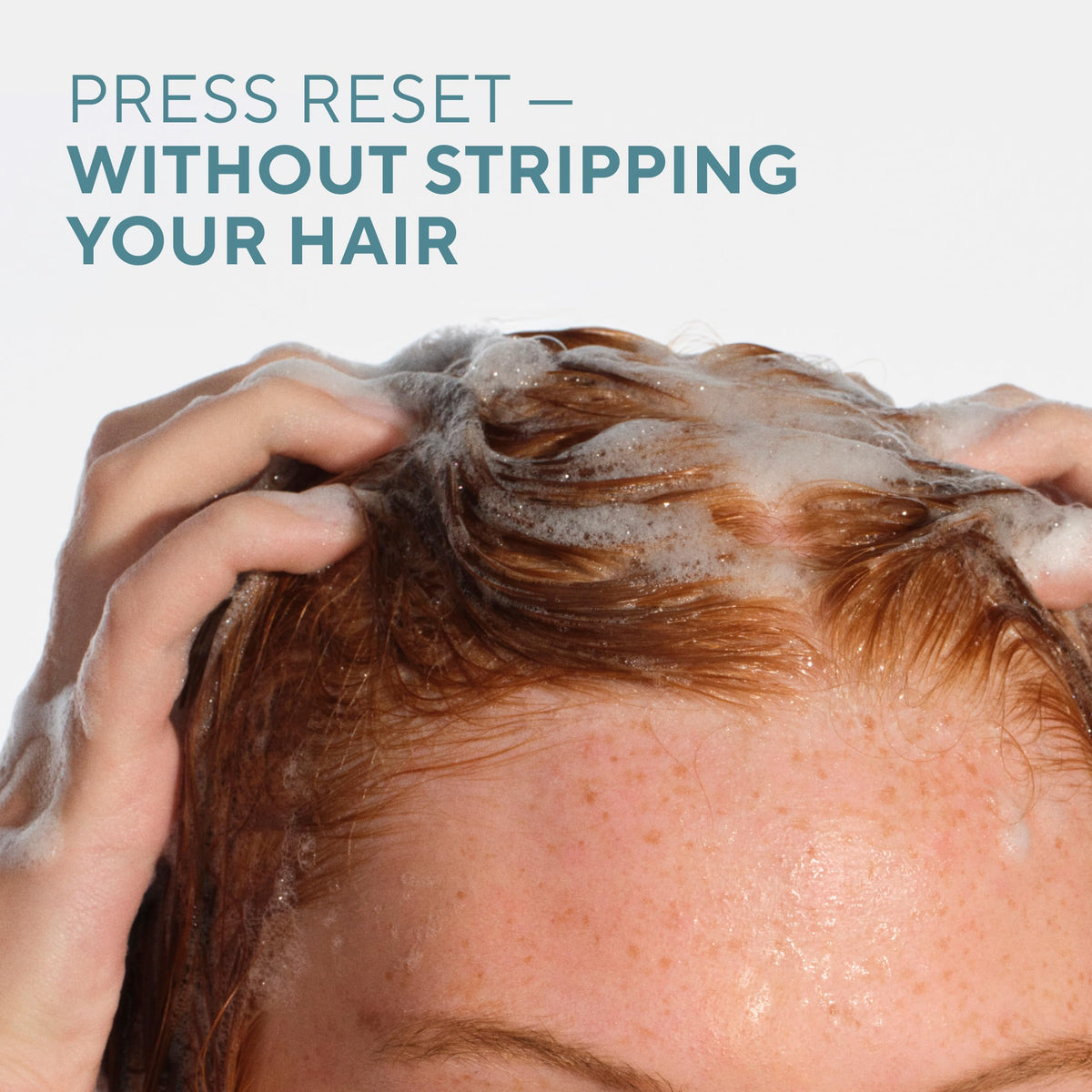Native strengthening shampoo pump with bubbles highlighting mild foam and softness