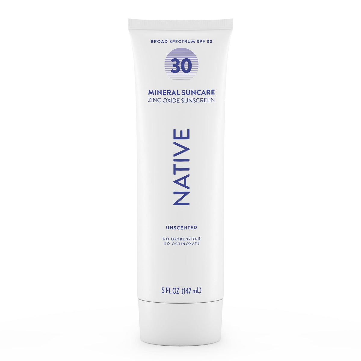 Native sunscreen front packaging showing unscented SPF 30 benefits