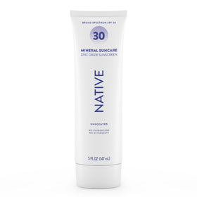 Native sunscreen front packaging showing unscented SPF 30 benefits