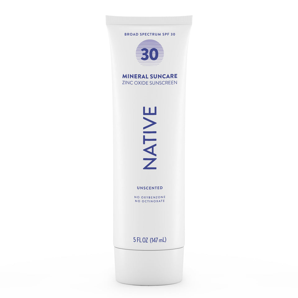 Native sunscreen front packaging showing unscented SPF 30 benefits
