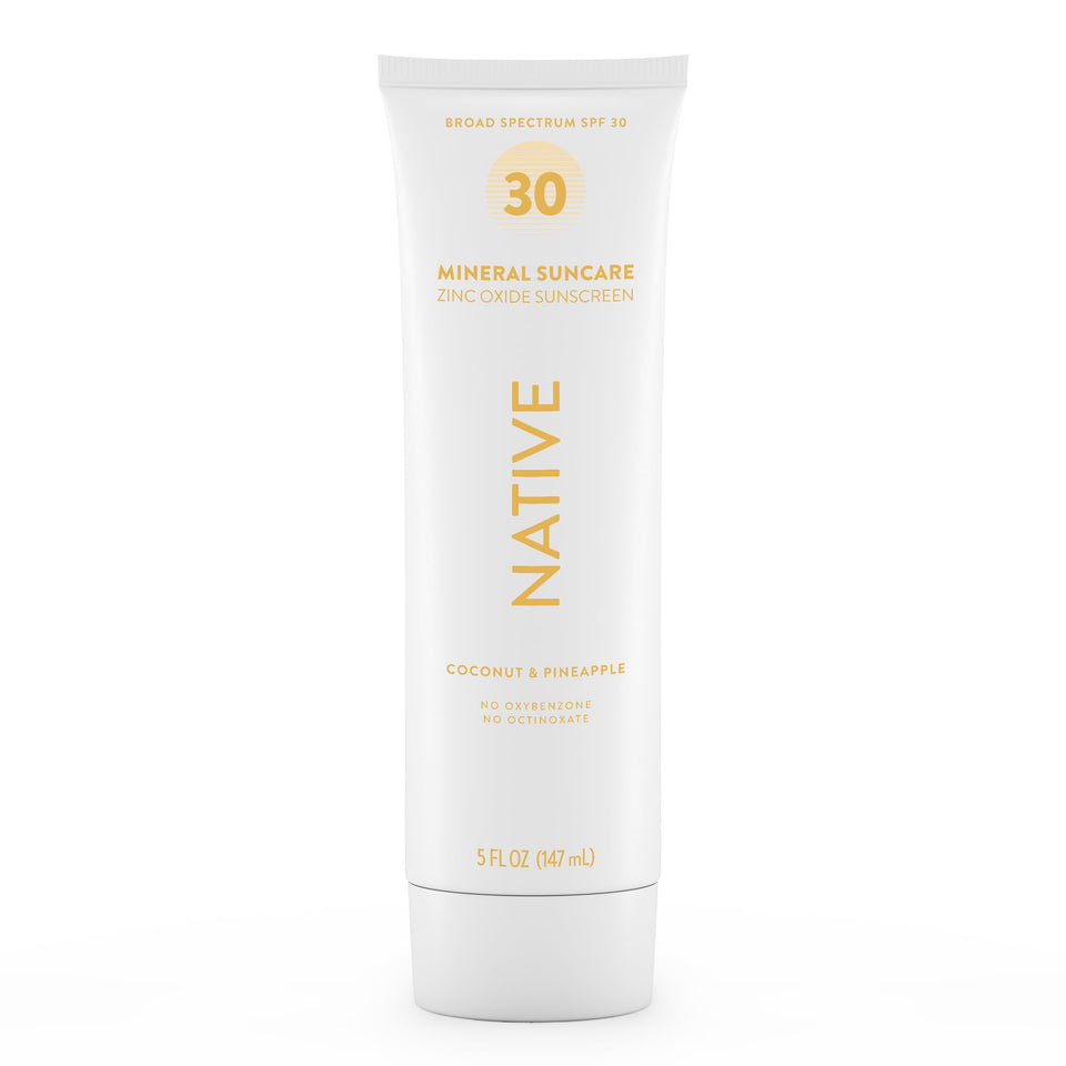 Native sunscreen front tube showing pineapple and coconut scent and protection