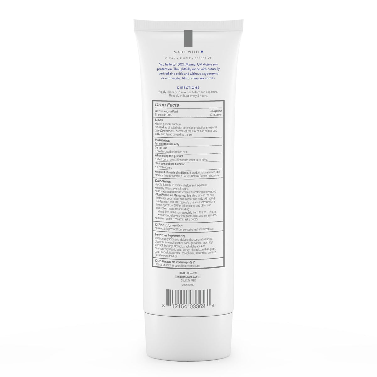 Zoom on Native ingredients list showing no oxybenzone or octinoxate